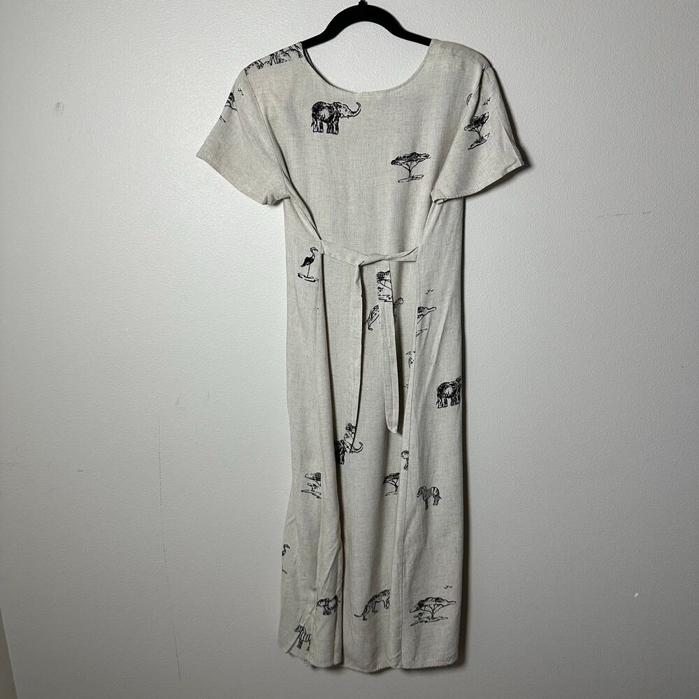 Vintage 90s Connie Choy Safari Animal Print Midi Dress Rayon Linen Tie Waist S M - Picture 2 of 16